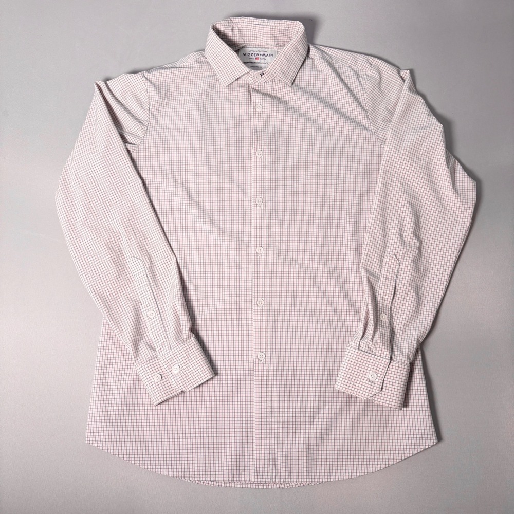 Mizzen+Main Leeward Pink Blue Check Stretch Trim Fit Dress Shirt Large 619